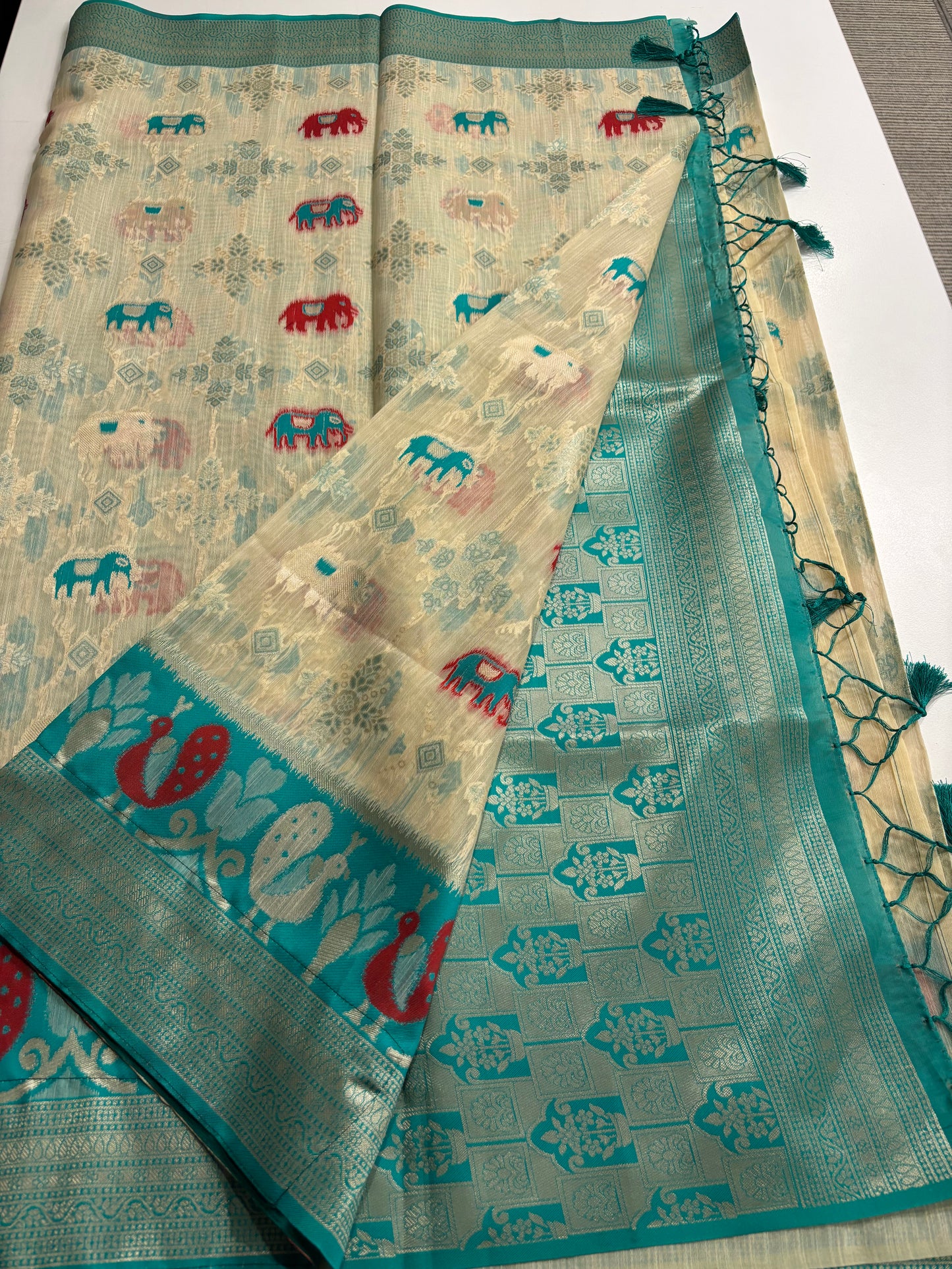 Elegant Silk‑Cotton Jamdani Saree – Cream Body with Elephant Prints and Sky‑Blue Contrast