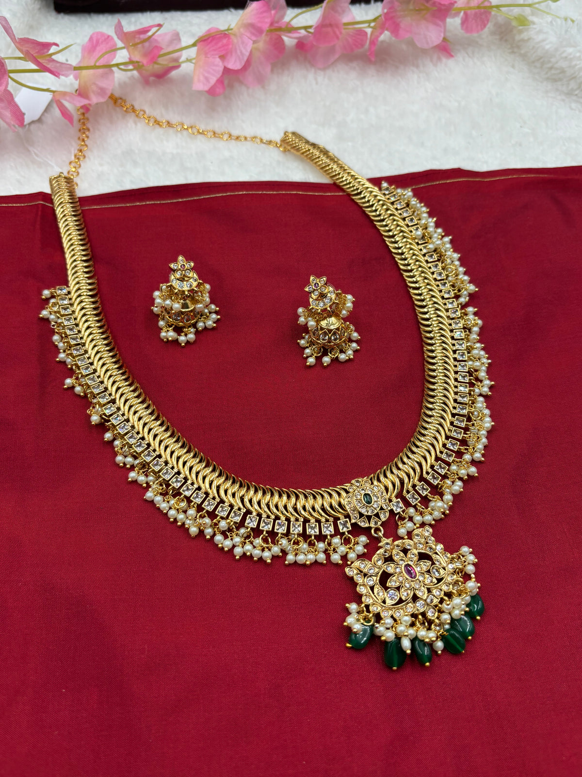 Antique Gold Haram Set with Lakshmi Design, Pearls & Green Beads – Traditional Temple Jewellery