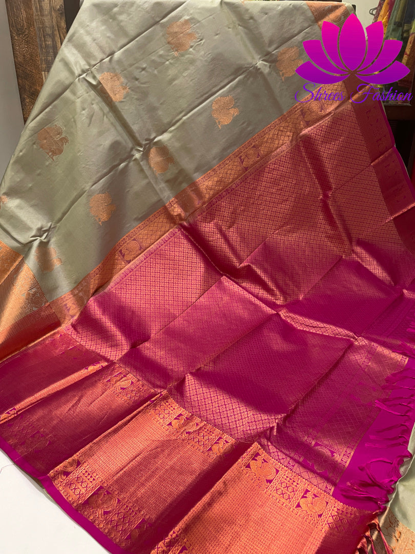Grey with Rani Pink Copper Zari Butta Design Kanchipuram Silk Saree