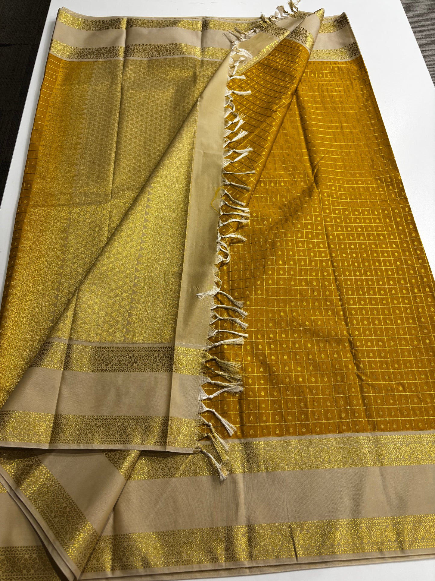 Elegant Semi Kanchipuram Saree – Mustard Body & Beige Gold Border