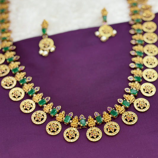 Divine Grace – Temple & Coin Design Long Haram with Green & Pink Stones