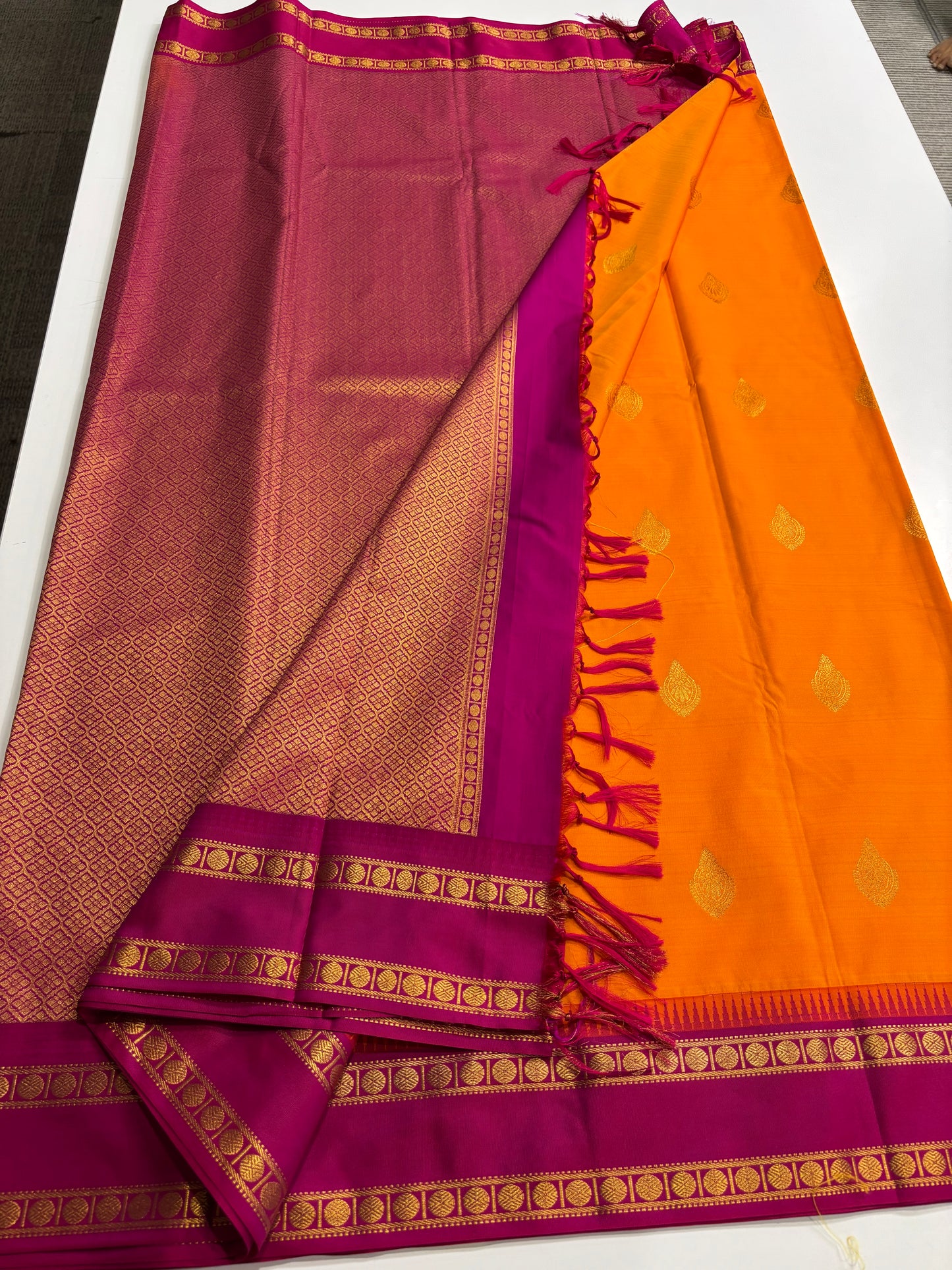 Kanchipuram Semi Silk Saree – Mango Yellow Body with Magenta Border and Pallu
