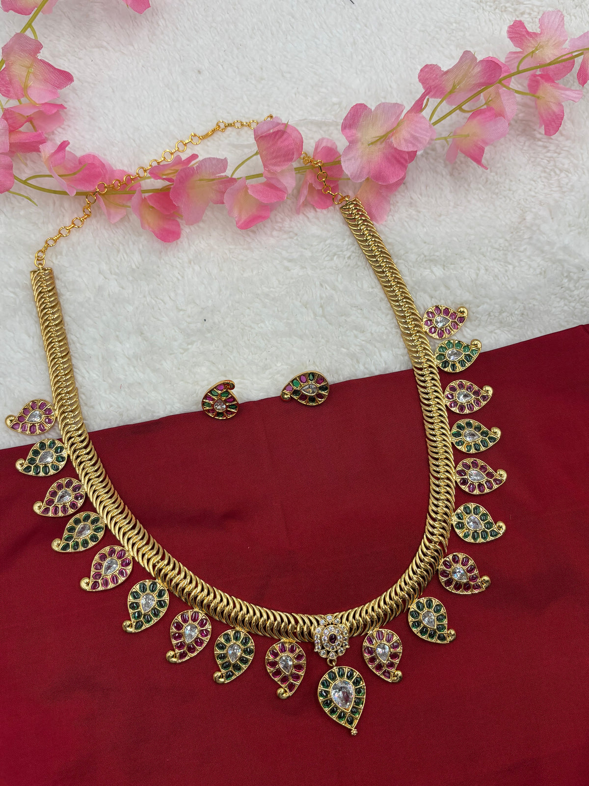 Gold Mango Design Long Haram Set with Green & Pink Kemp Stones – Traditional South Indian Style