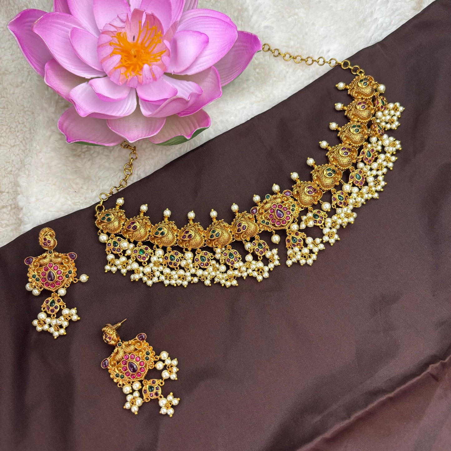 Classic Radiance – Kemp Stone Choker Set with Pink & Green Stones and White Hanging Motifs