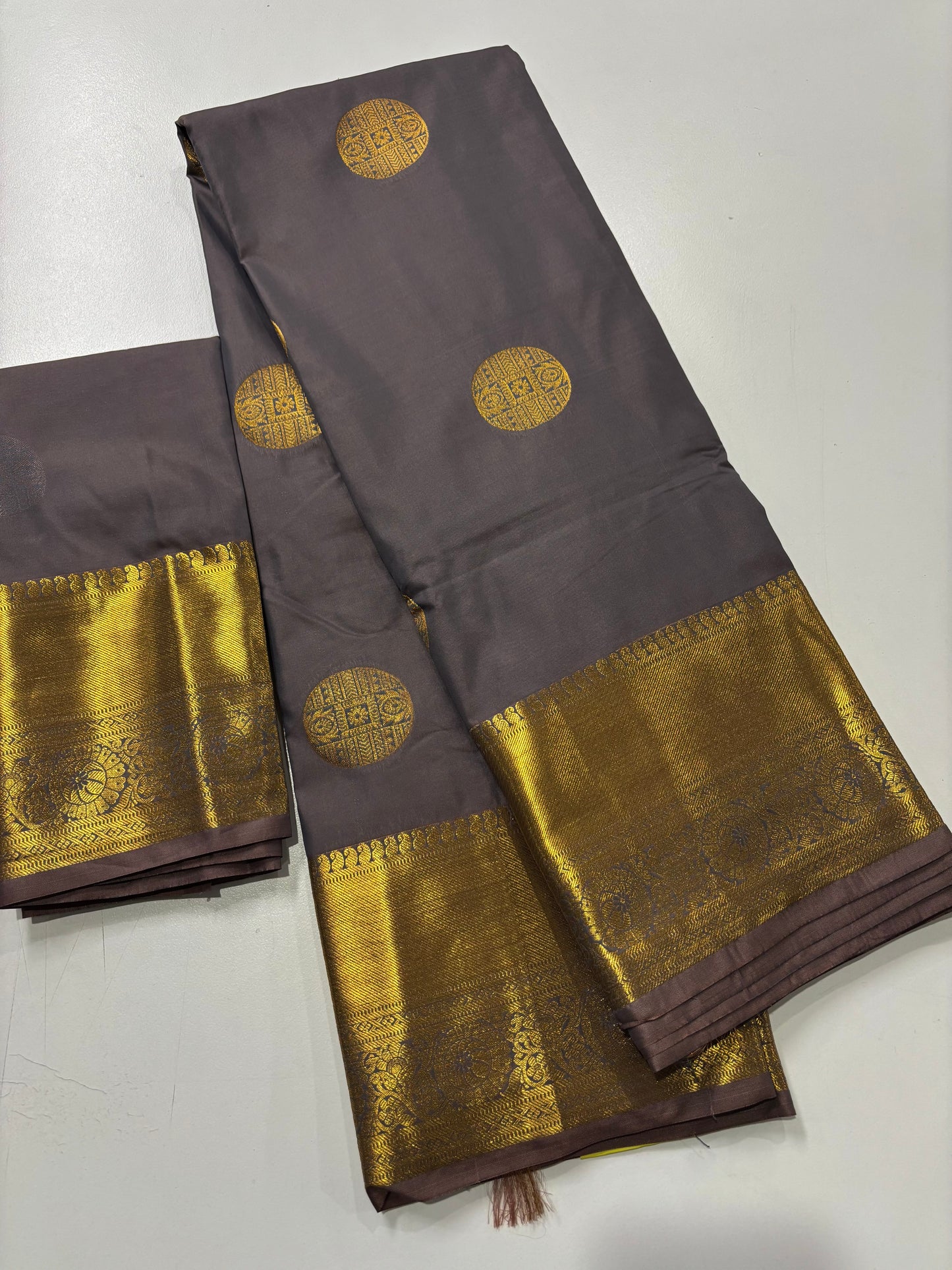 Elegant Greyish Blue Kanchipuram Semi Silk Saree with Golden Pallu & Border