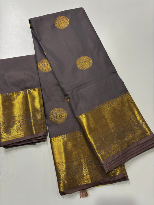 Elegant Greyish Blue Kanchipuram Semi Silk Saree with Golden Pallu & Border