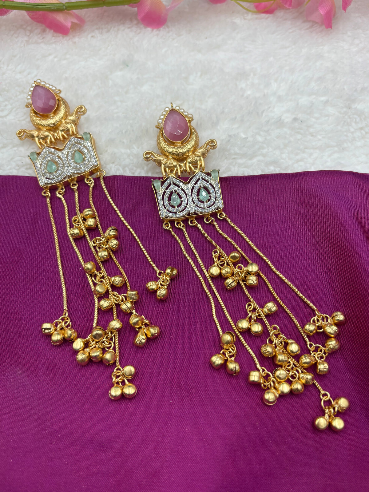 Elephant Design Kashmiri Earrings with Light Pink Kundan Stone & Ghungroo Chains
