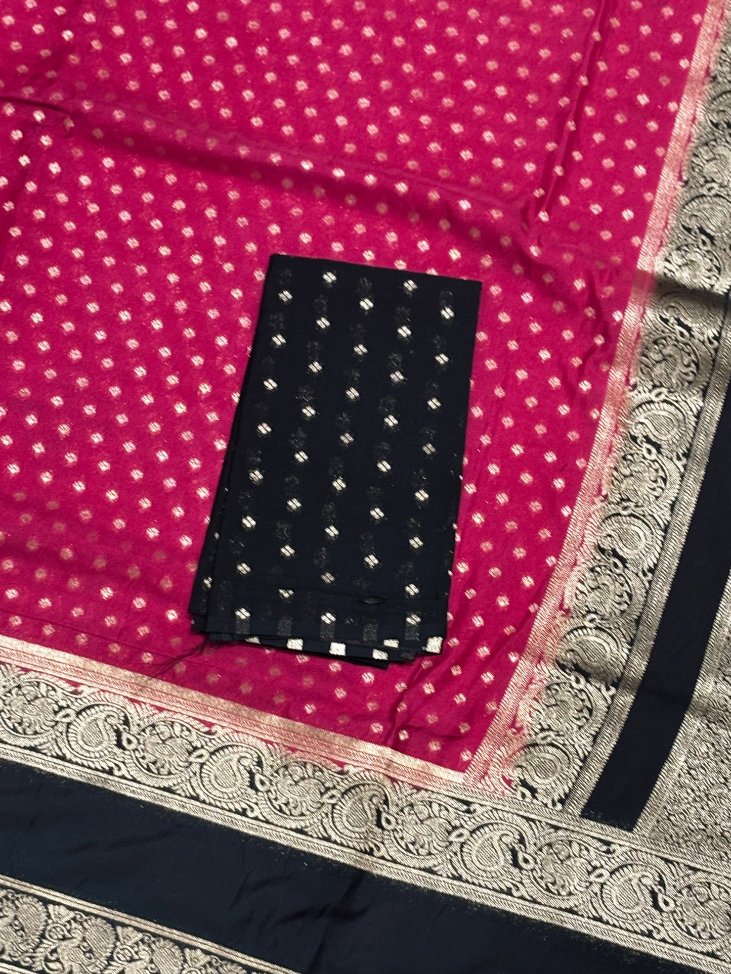 Elegant Pink Banarasi Soft Silk Saree with Elephant Black Border, Pallu & Contrast Blouse Piece