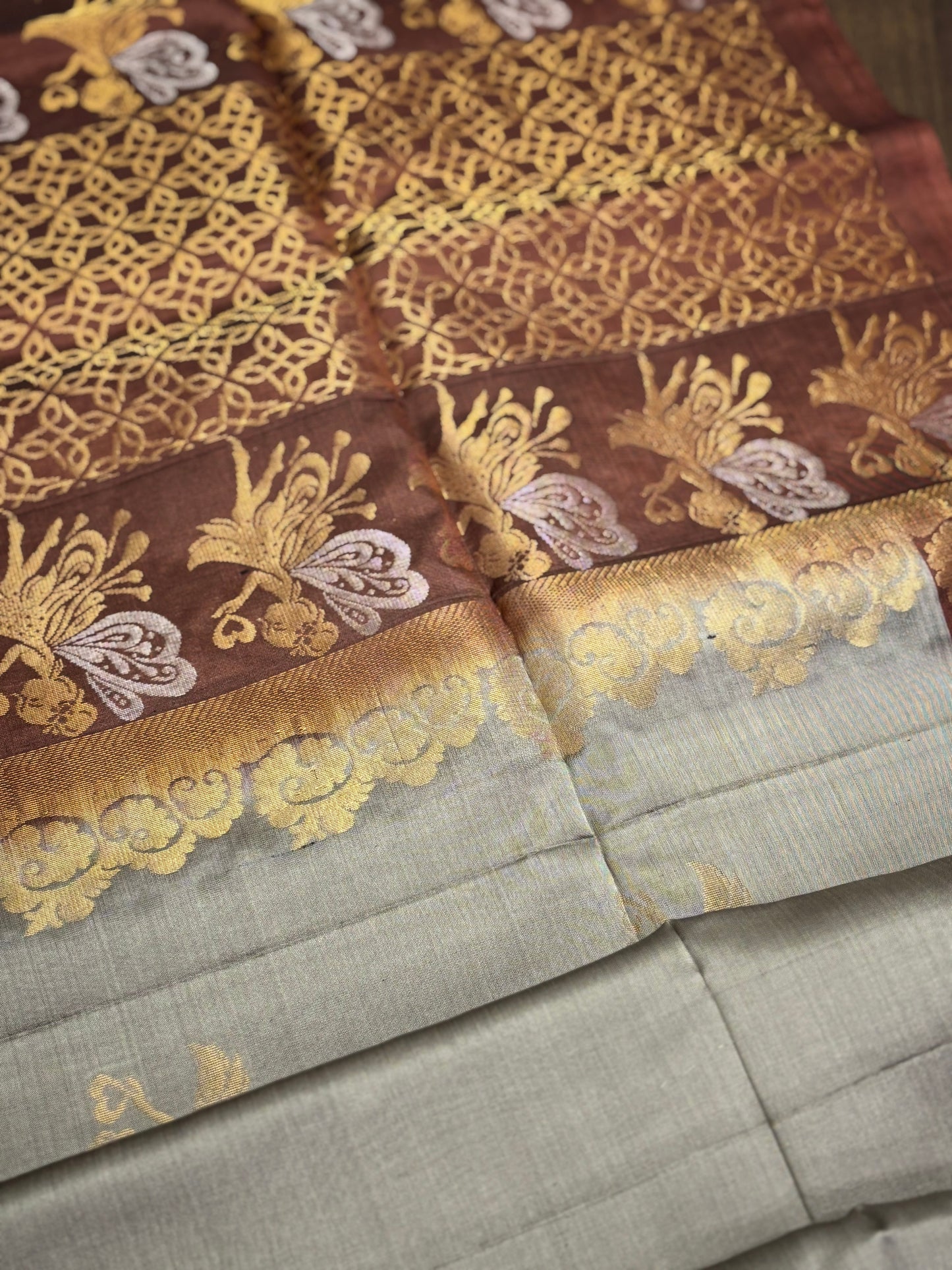 Grey and Brown Kanchipuram Silk Saree with Angel Butta