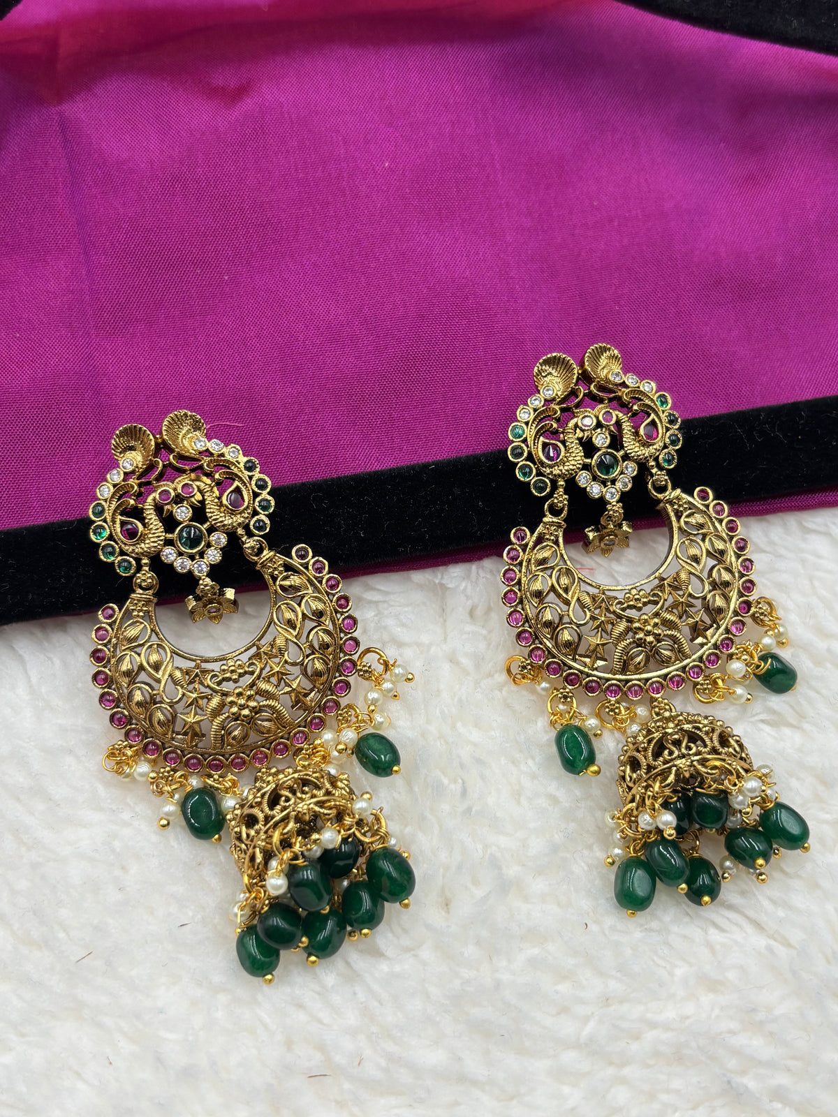Antique Gold Peacock‑Style Chandbali Jhumka Earrings with Pink Stones & Green Beads