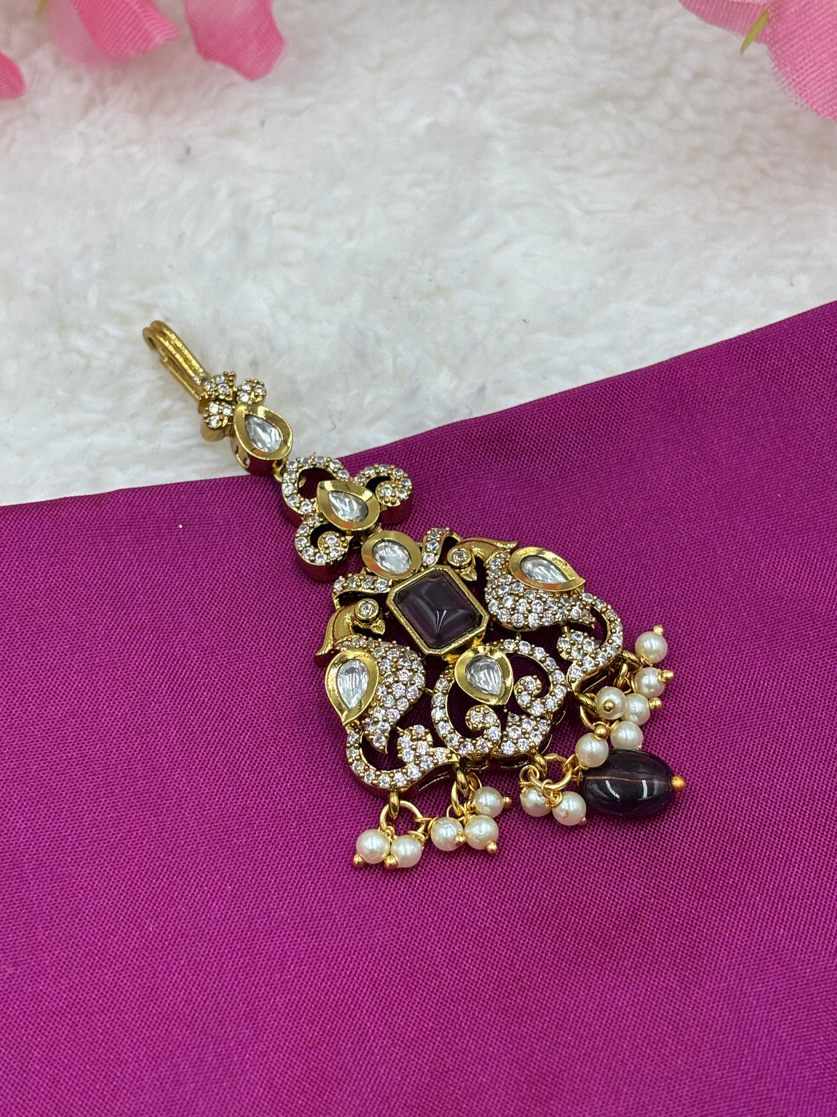 Victorian Stone Tikka – Wine‑Purple Stones & Pearl Detailing
