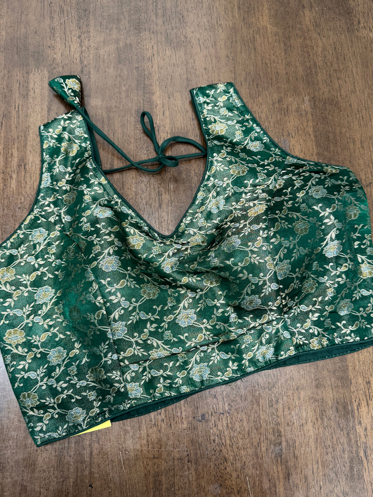 Elegant Bottle Green Brocade Blouse Featuring Gold Thread Motifs