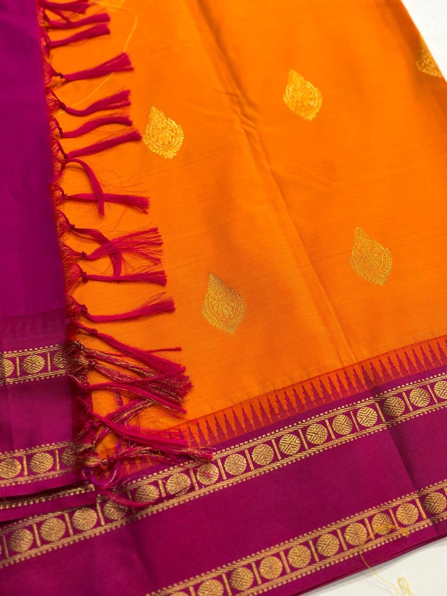 Kanchipuram Semi Silk Saree – Mango Yellow Body with Magenta Border and Pallu