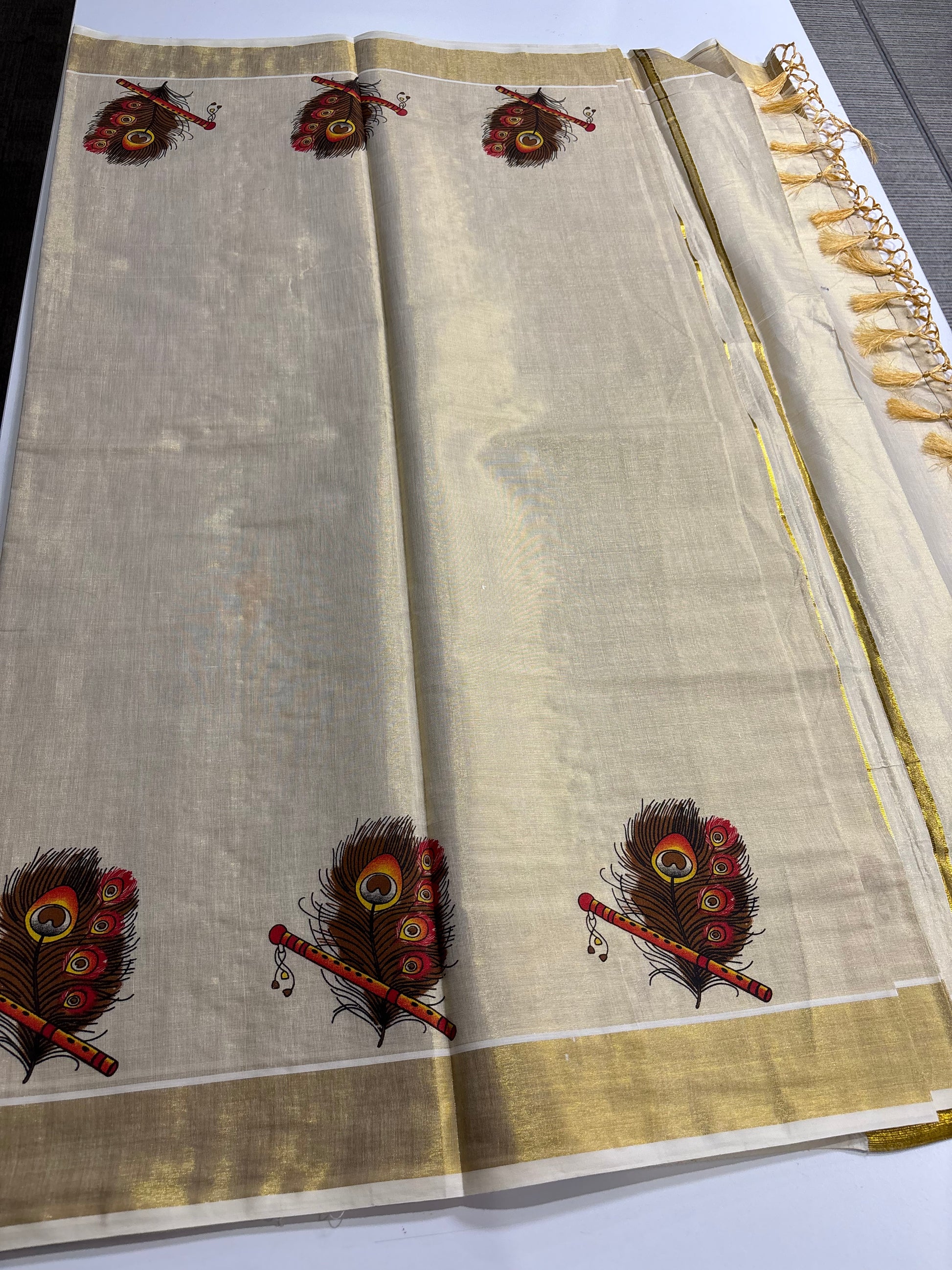 Kerala Kasavu tissue silk saree with peacock feather and flute motifs – view 4