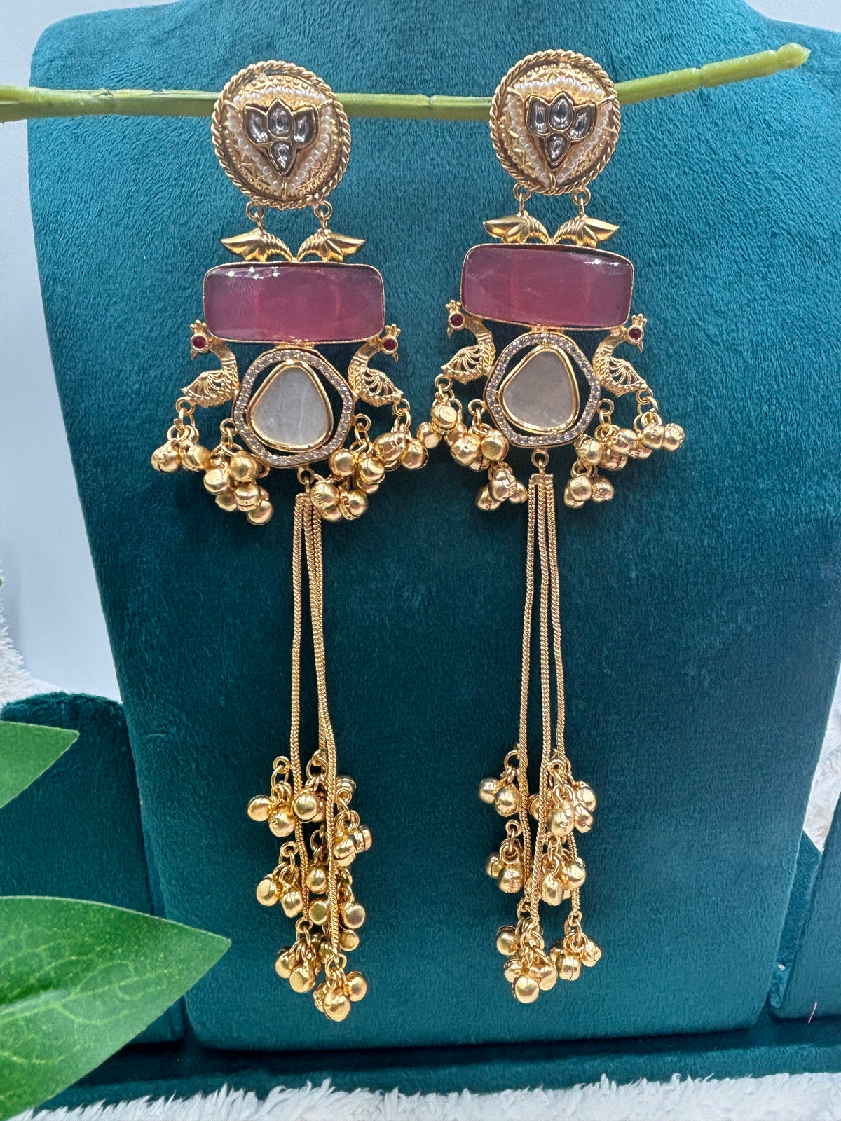 Modern Ethnic Kashmiri Earrings with Peacock Top & Gold Ghungroos
