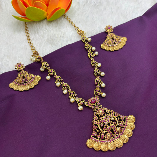 Golden Heirloom – Premium Kasu Necklace Set with Red CZ Stones