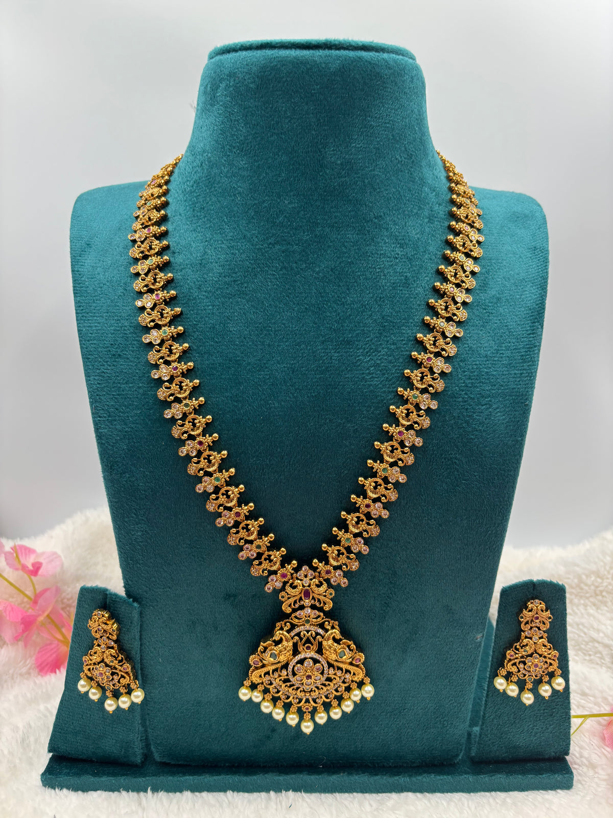 Traditional Matte Gold Finish Long Temple Haram Set with Matching Earrings