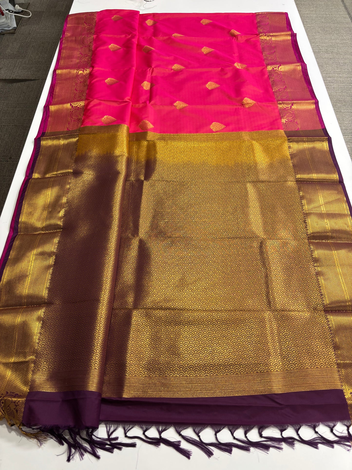 Elegant Pink Kanchipuram Semi Silk Saree with Rich Wine Contrast Border & Pallu