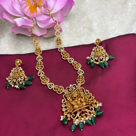 Heritage Radiance – Nakshi Matte Gold Necklace Set with Green Beads