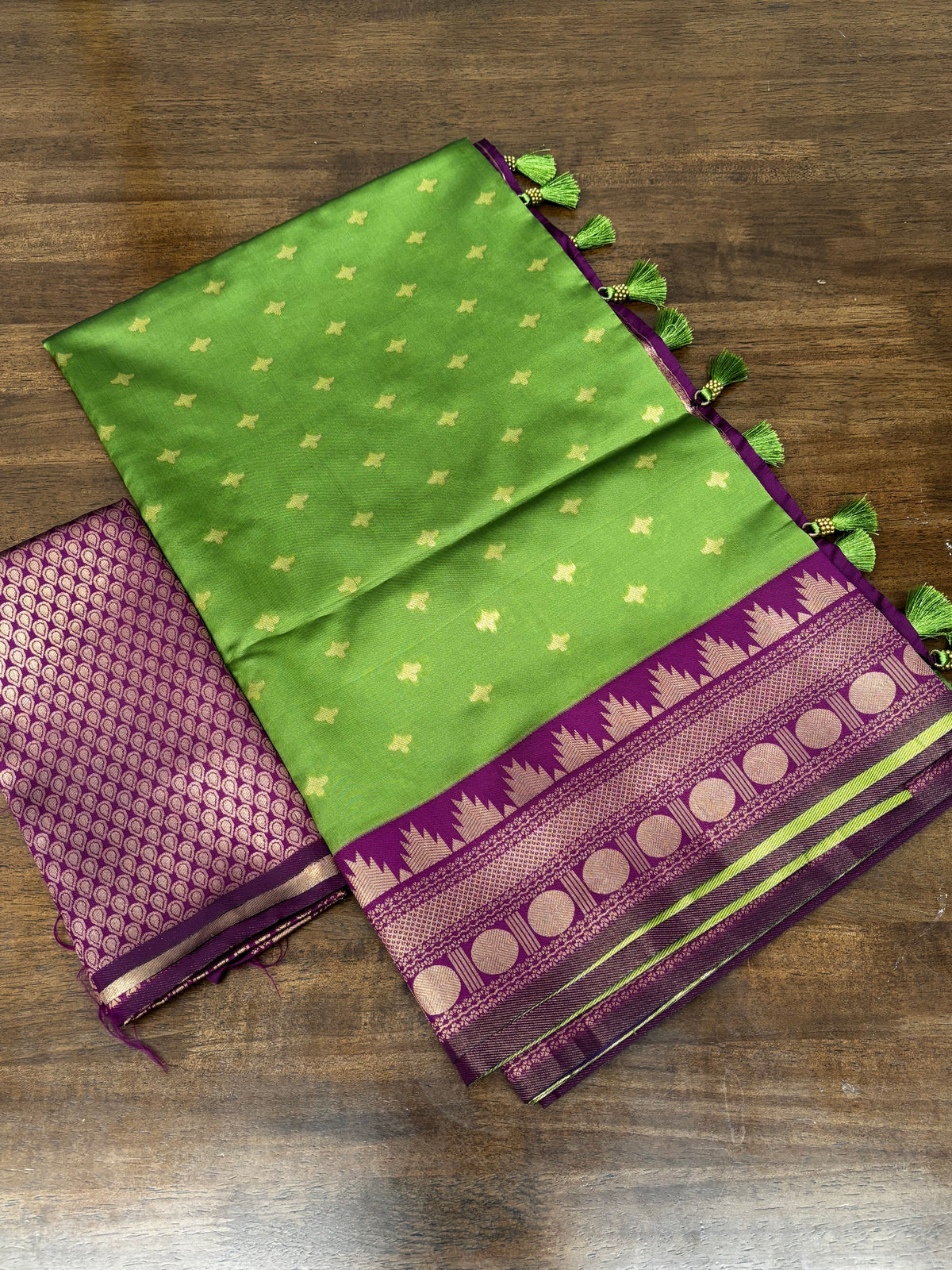 Vibrant Green Soft Silk Saree with Classic Purple Temple Zari Border & Blouse Piece Included