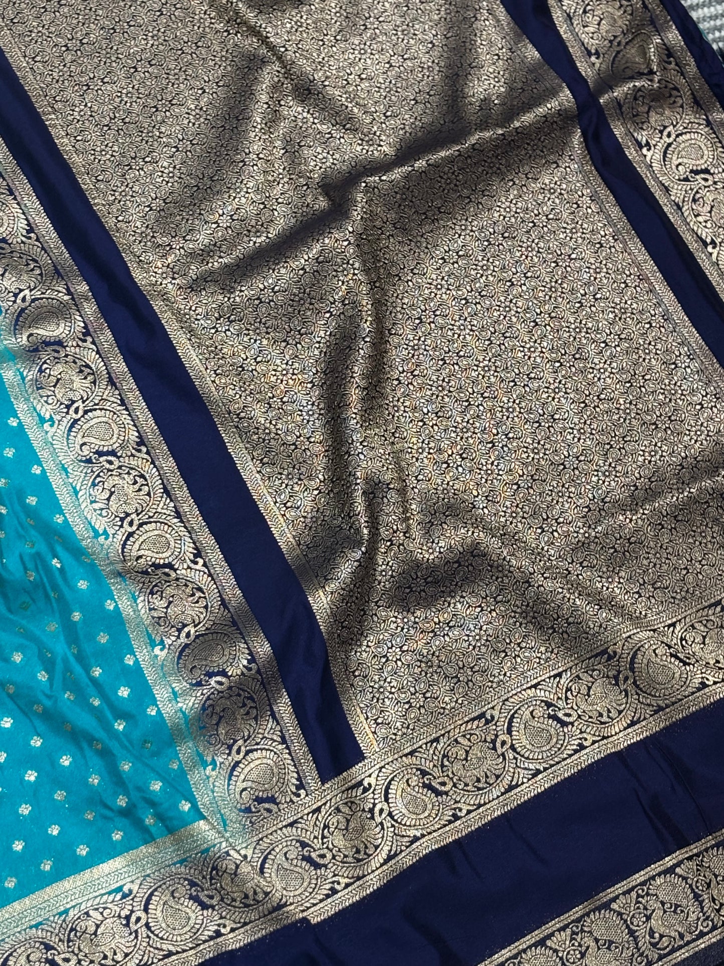 Beautifully Woven Sky Blue Banarasi Soft Silk Saree with Dark Blue Zari Border, Pallu & Contrast Blouse Piece