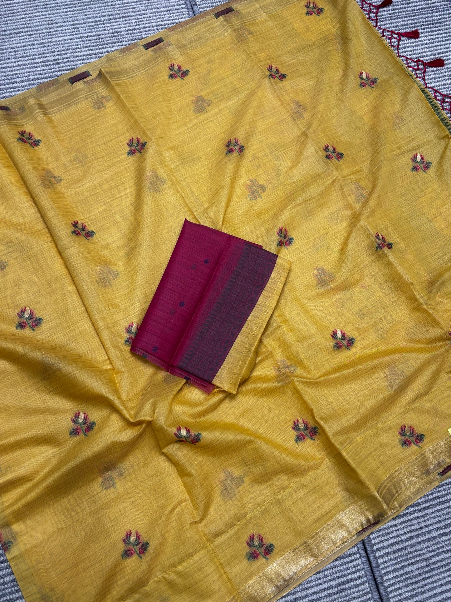 Elegant Yellow Linen Cotton Saree with Floral Print & Elephant Pallu Design