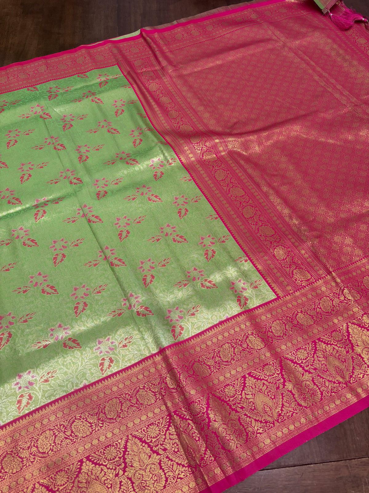 Classic Kanchi Soft Silk Saree with Parrot Green Body and Pink Border