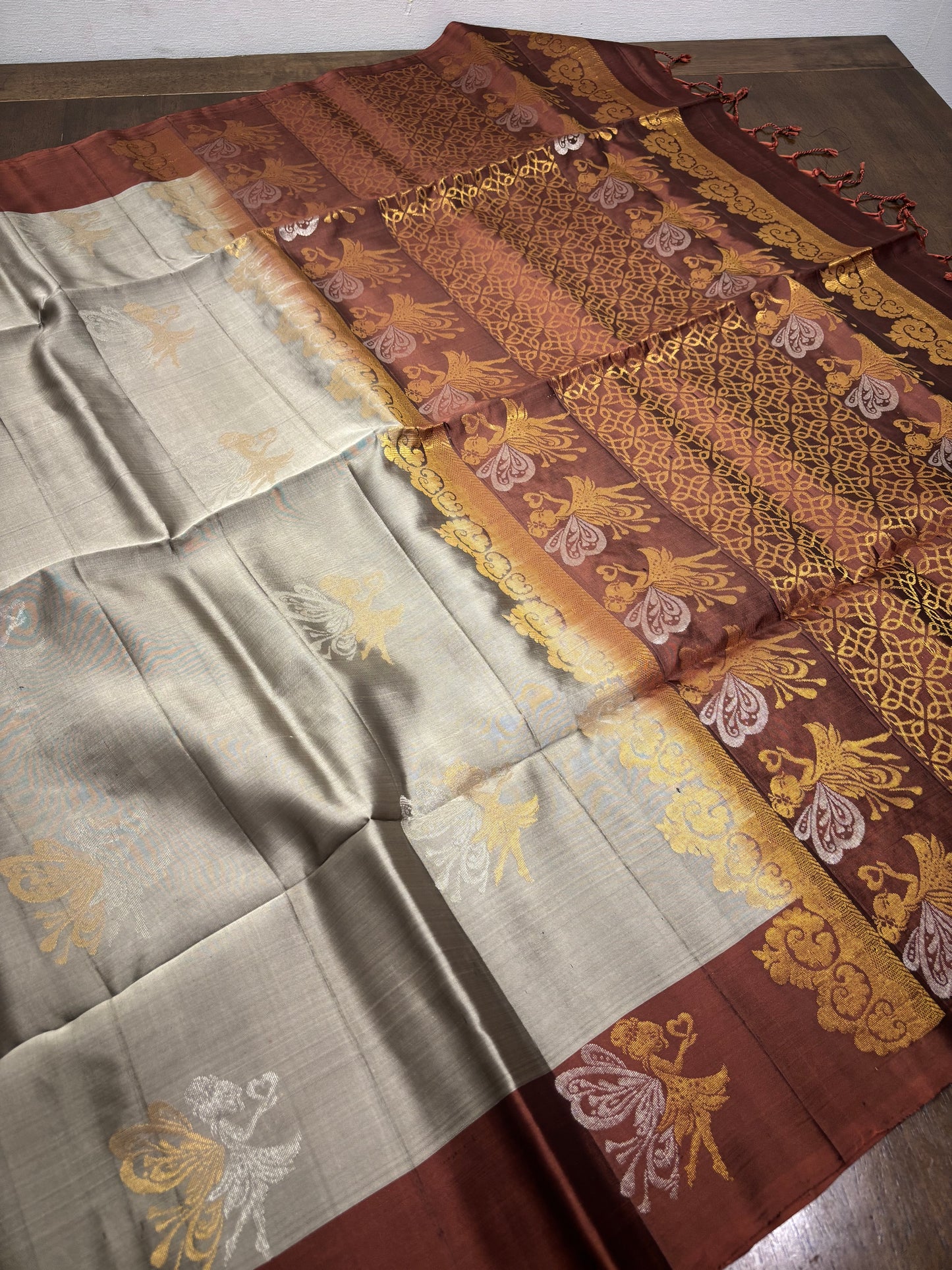Grey and Brown Kanchipuram Silk Saree with Angel Butta