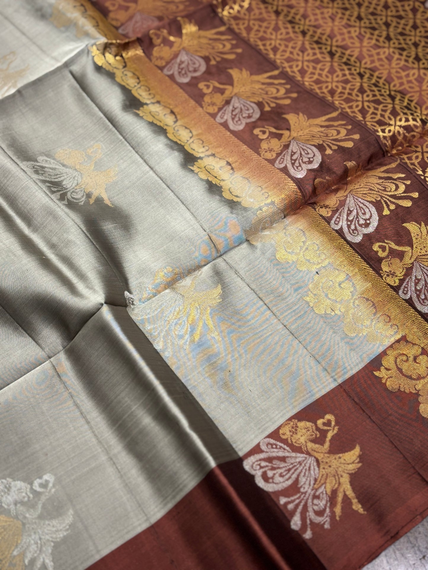 Grey and Brown Kanchipuram Silk Saree with Angel Butta