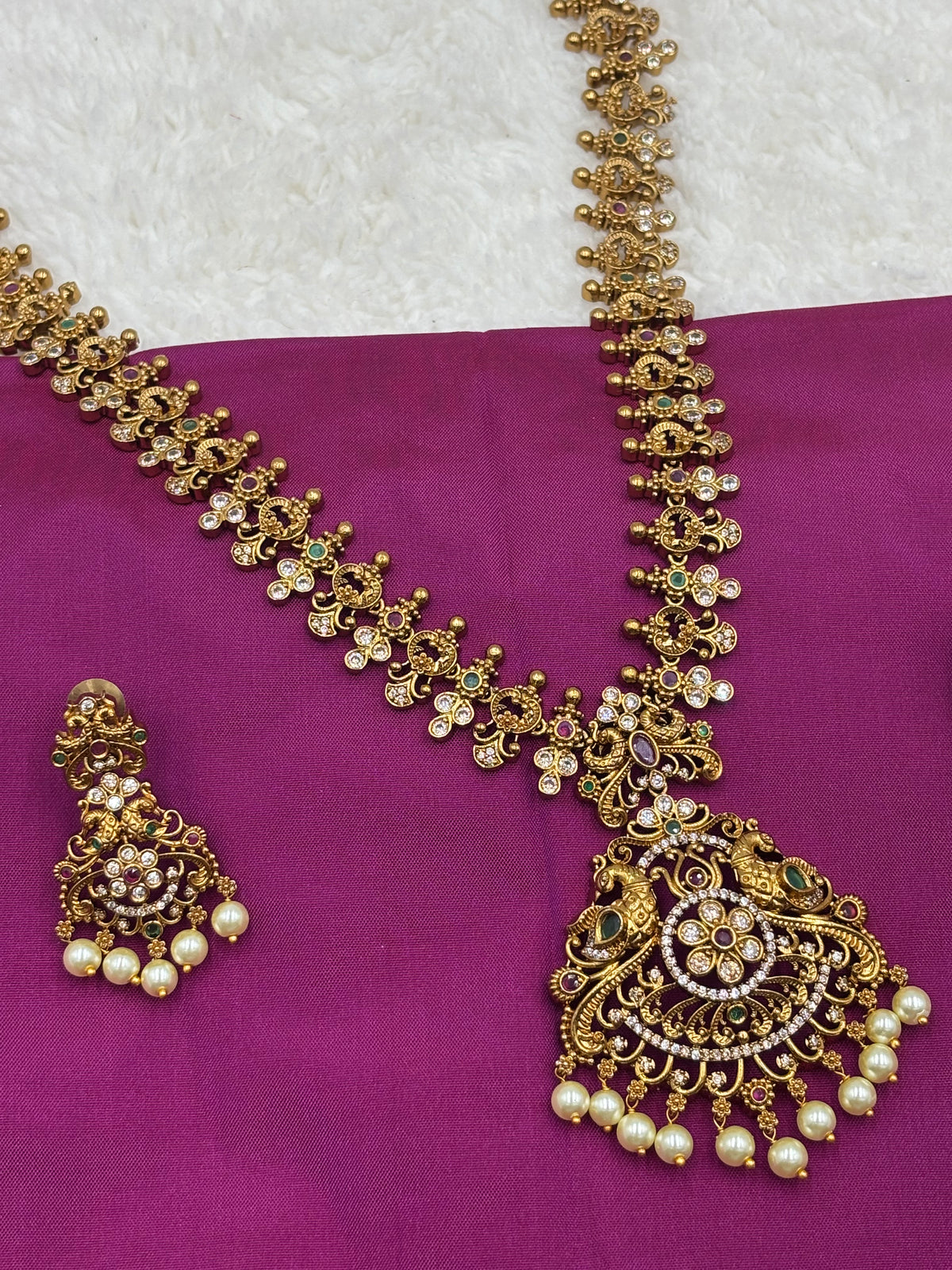 Traditional Matte Gold Finish Long Temple Haram Set with Matching Earrings