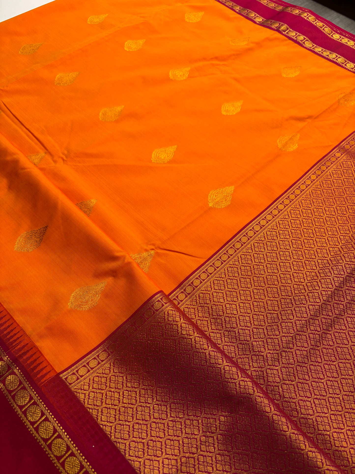 Kanchipuram Semi Silk Saree – Mango Yellow Body with Magenta Border and Pallu