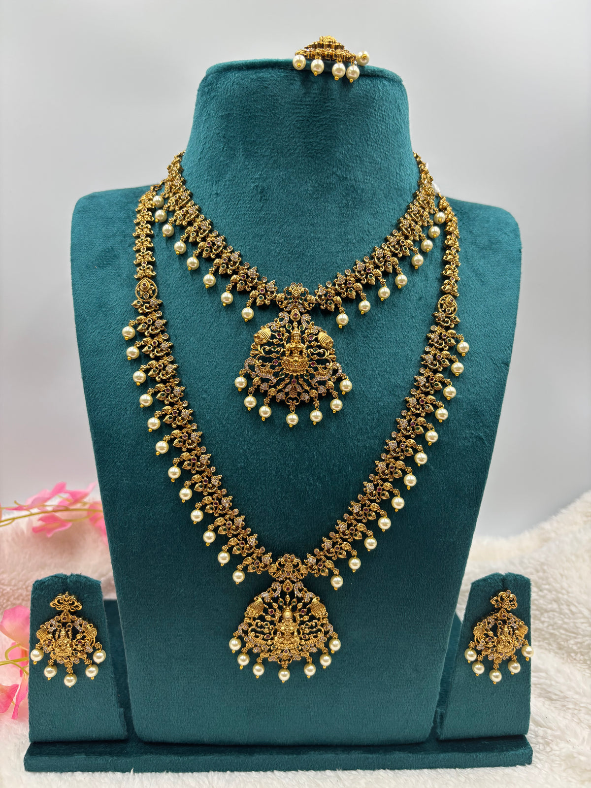 Semi‑Bridal Temple Jewellery Set with Necklace, Long Haram, Maang Tikka & Earrings
