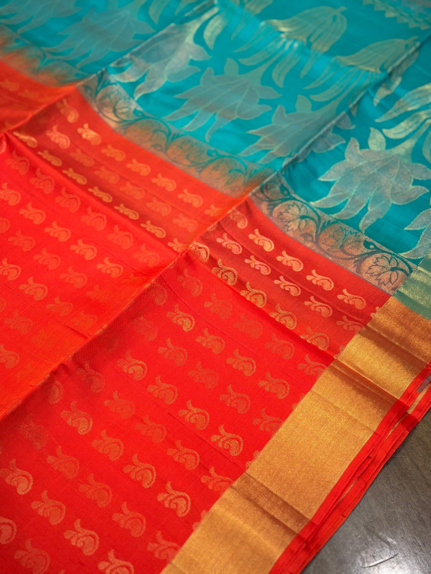 Orange and Tiffany Blue Kanchipuram Silk Saree