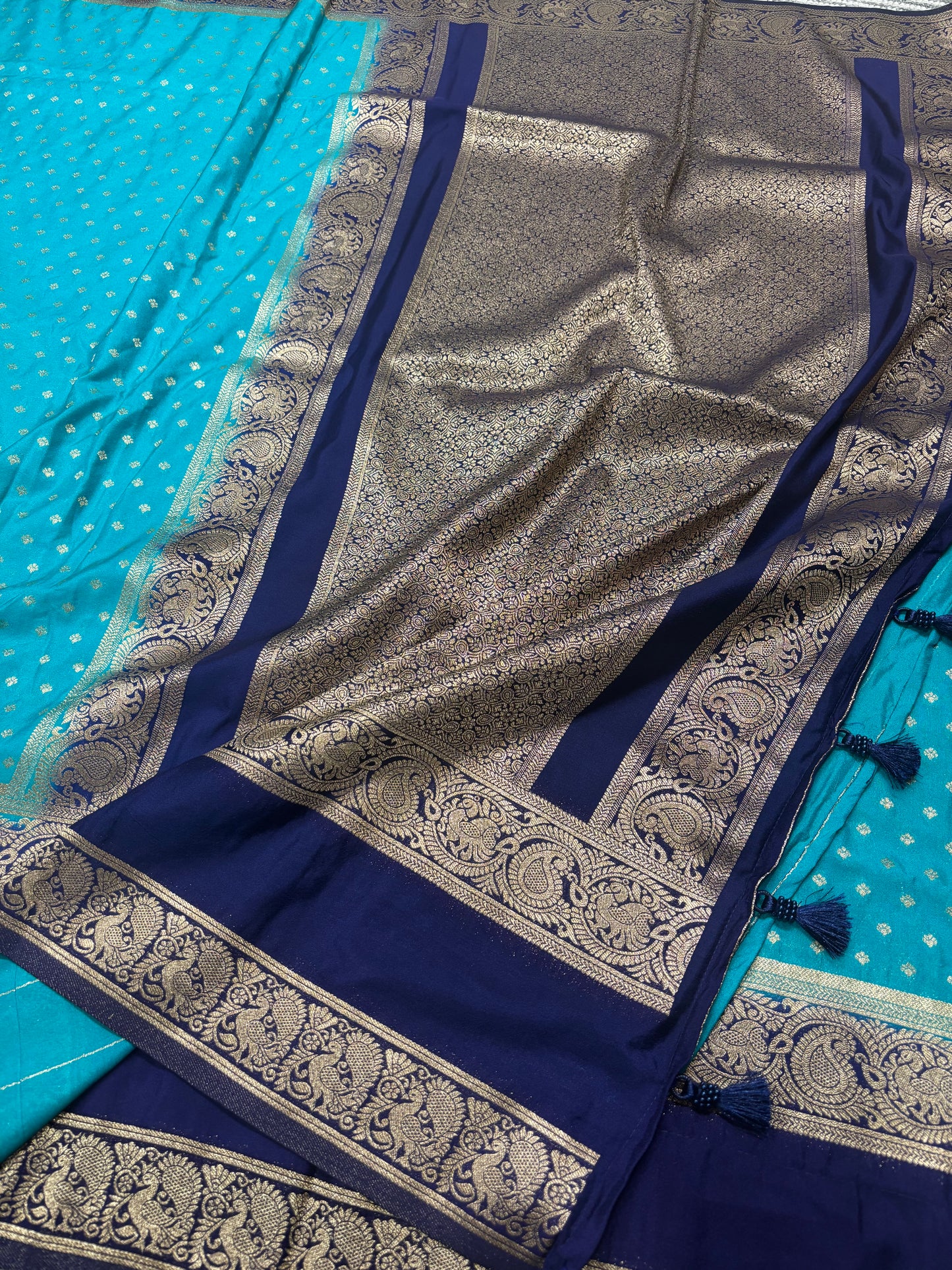 Beautifully Woven Sky Blue Banarasi Soft Silk Saree with Dark Blue Zari Border, Pallu & Contrast Blouse Piece