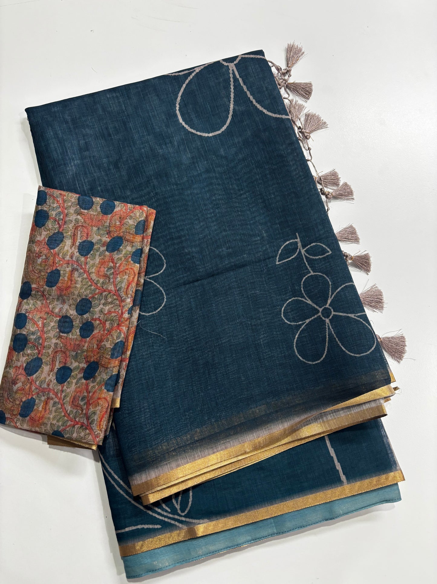 Elegantly Ink Blue Linen Cotton Saree with White Floral Print, Golden Contrast Border & Printed Blouse Piece