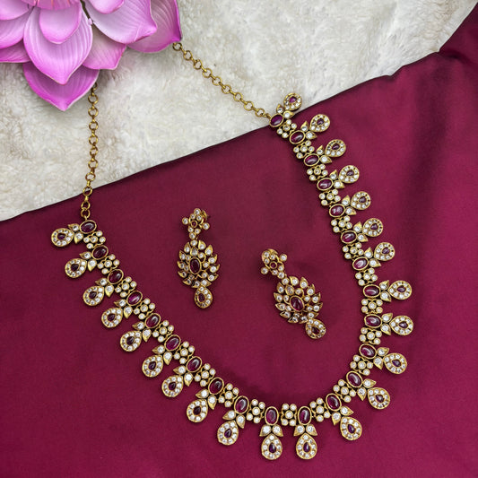 Grace in Bloom – Pink Kemp & CZ Stone Necklace Set in Antique Finish