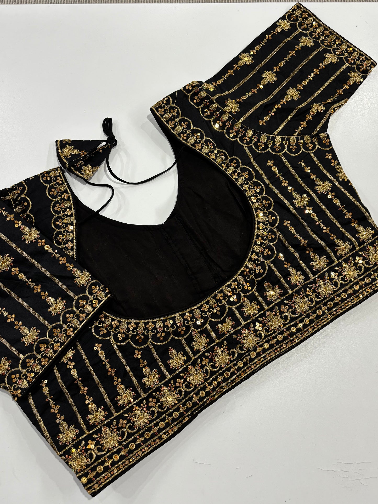 Elegantly Detailed Plus Size Black Traditional Embroidered Silk Saree Blouse with Gold Thread Work & Back Tassels | Shrees Fashion