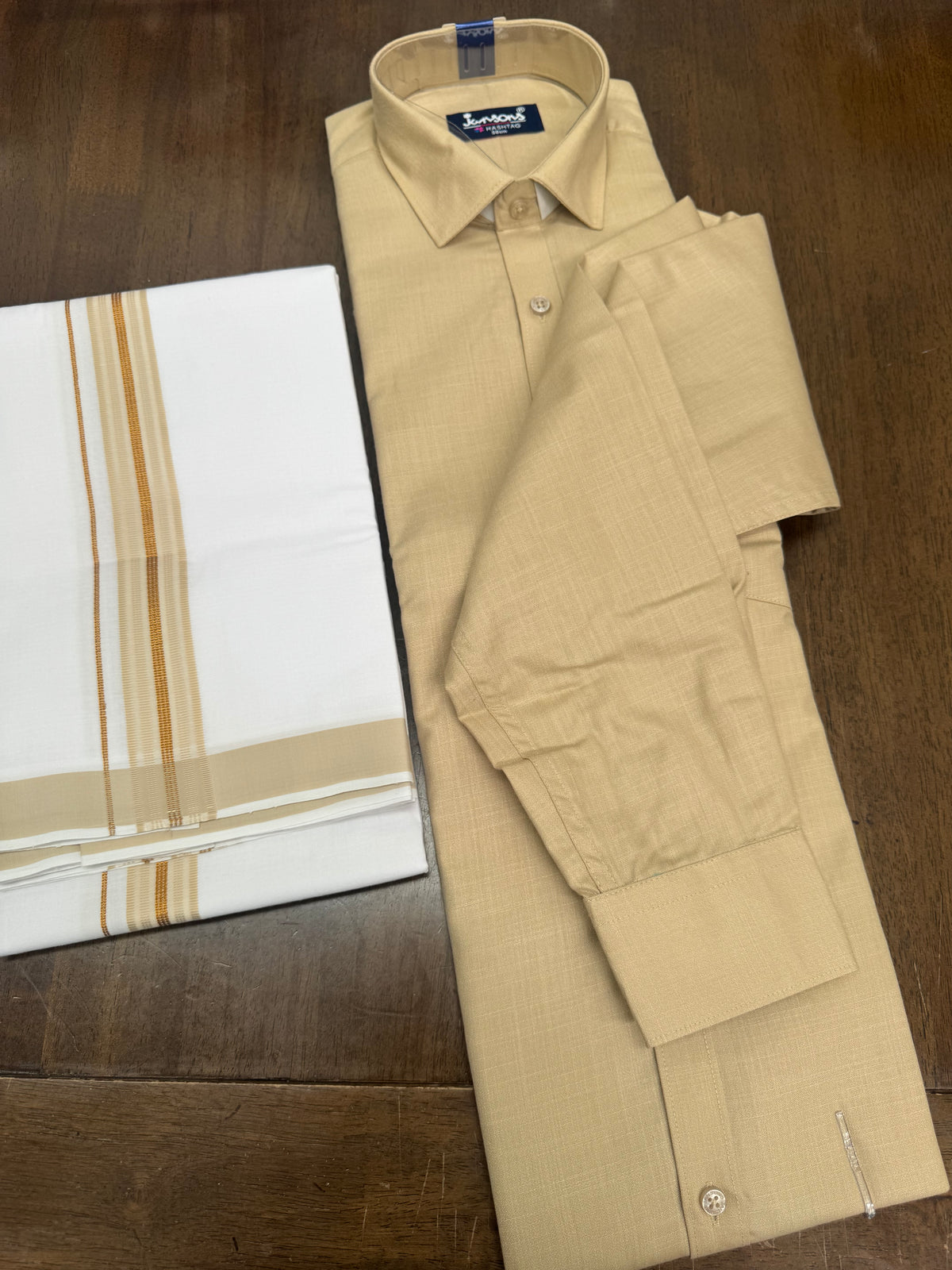 Elegant Beige Full‑Sleeve Shirt Paired with White Veshti Featuring Gold‑Beige Border