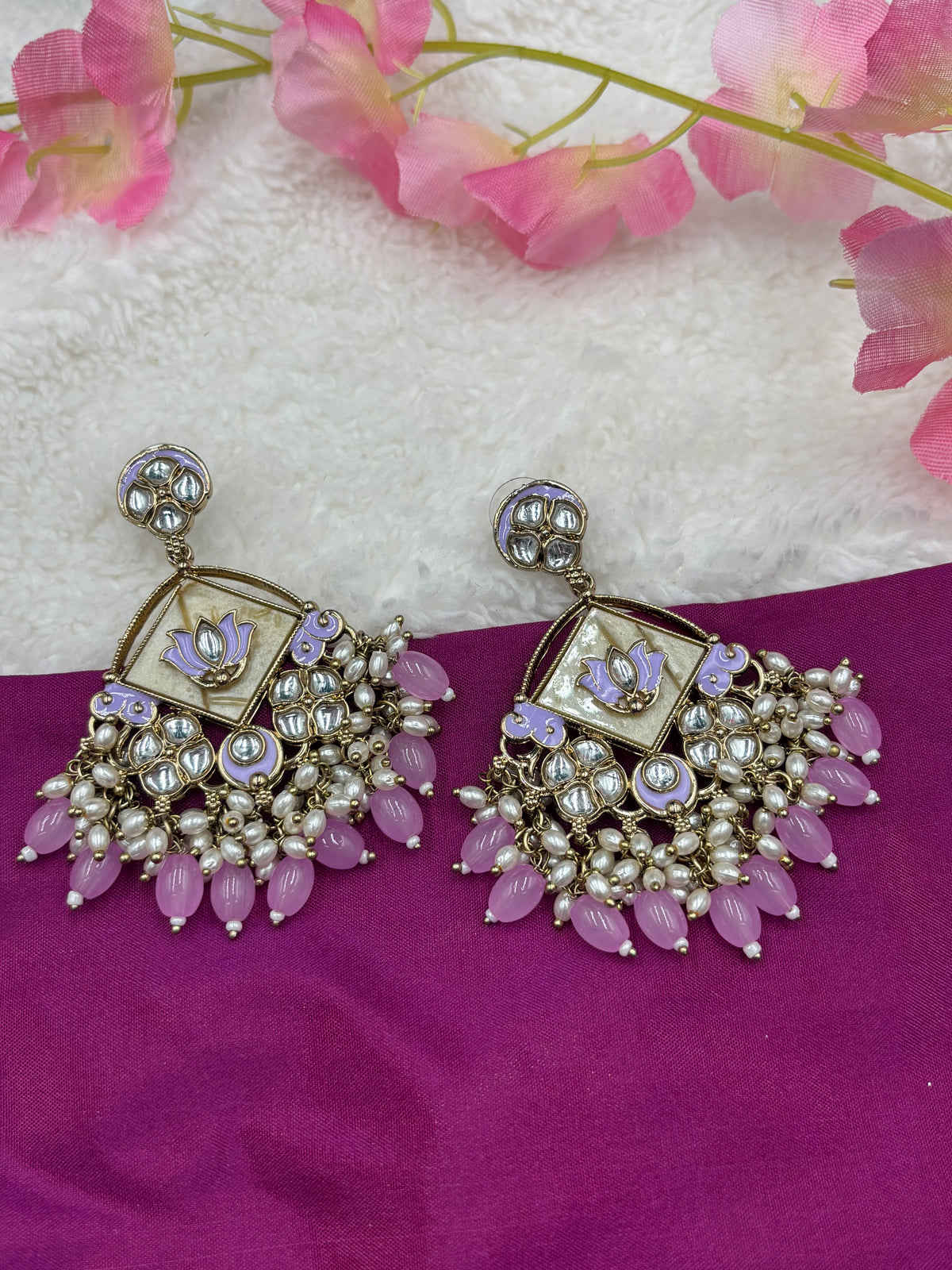 Antique Finish Kundan Earrings with Lavender Meenakari, Pearls & Light‑Lavender Beads