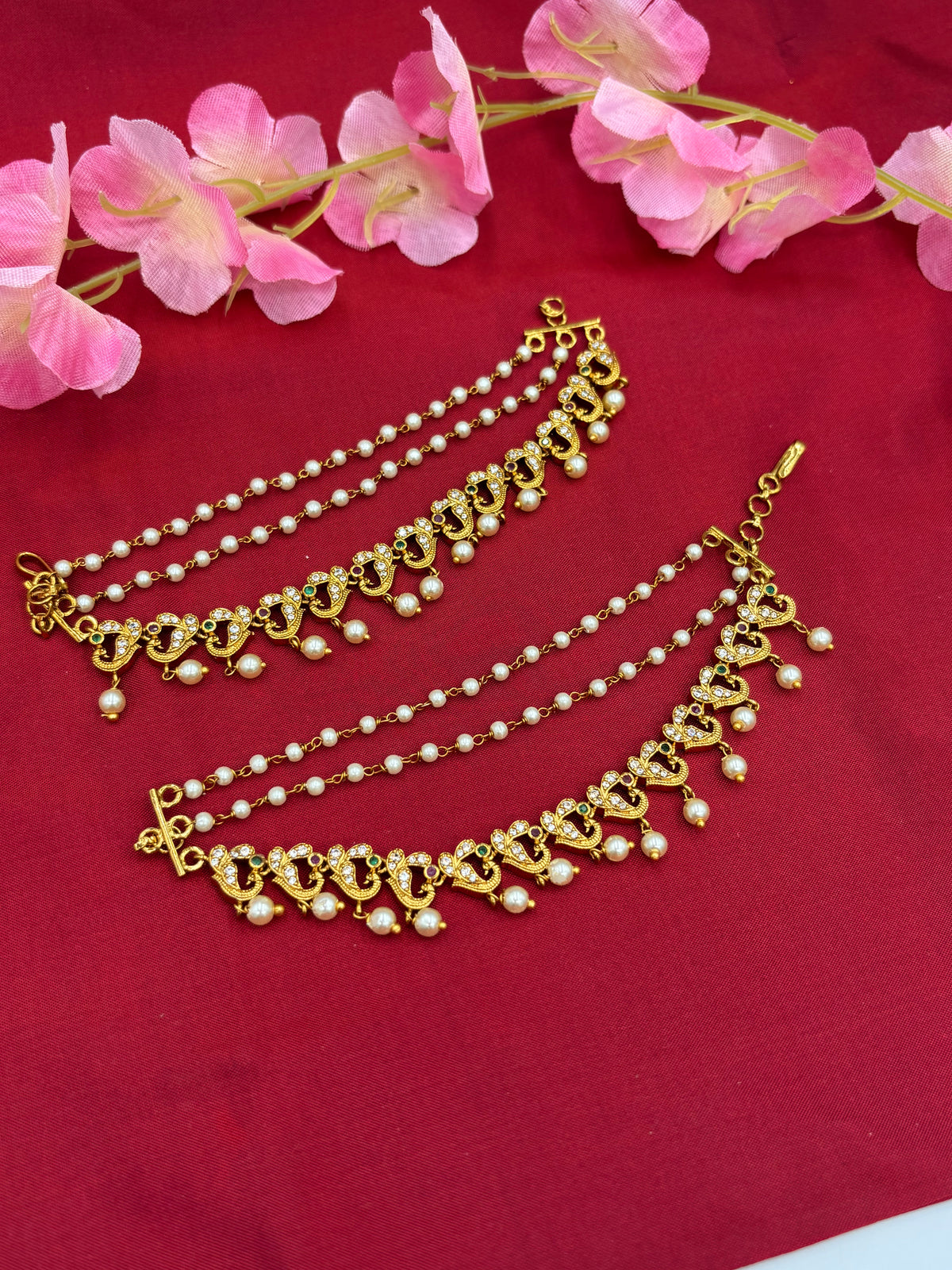 Traditional Peacock Design Ear Chain with Gold Finish & Stone Detailing