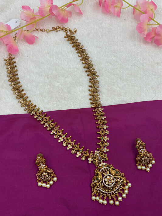 Traditional Matte Gold Finish Long Temple Haram Set with Matching Earrings