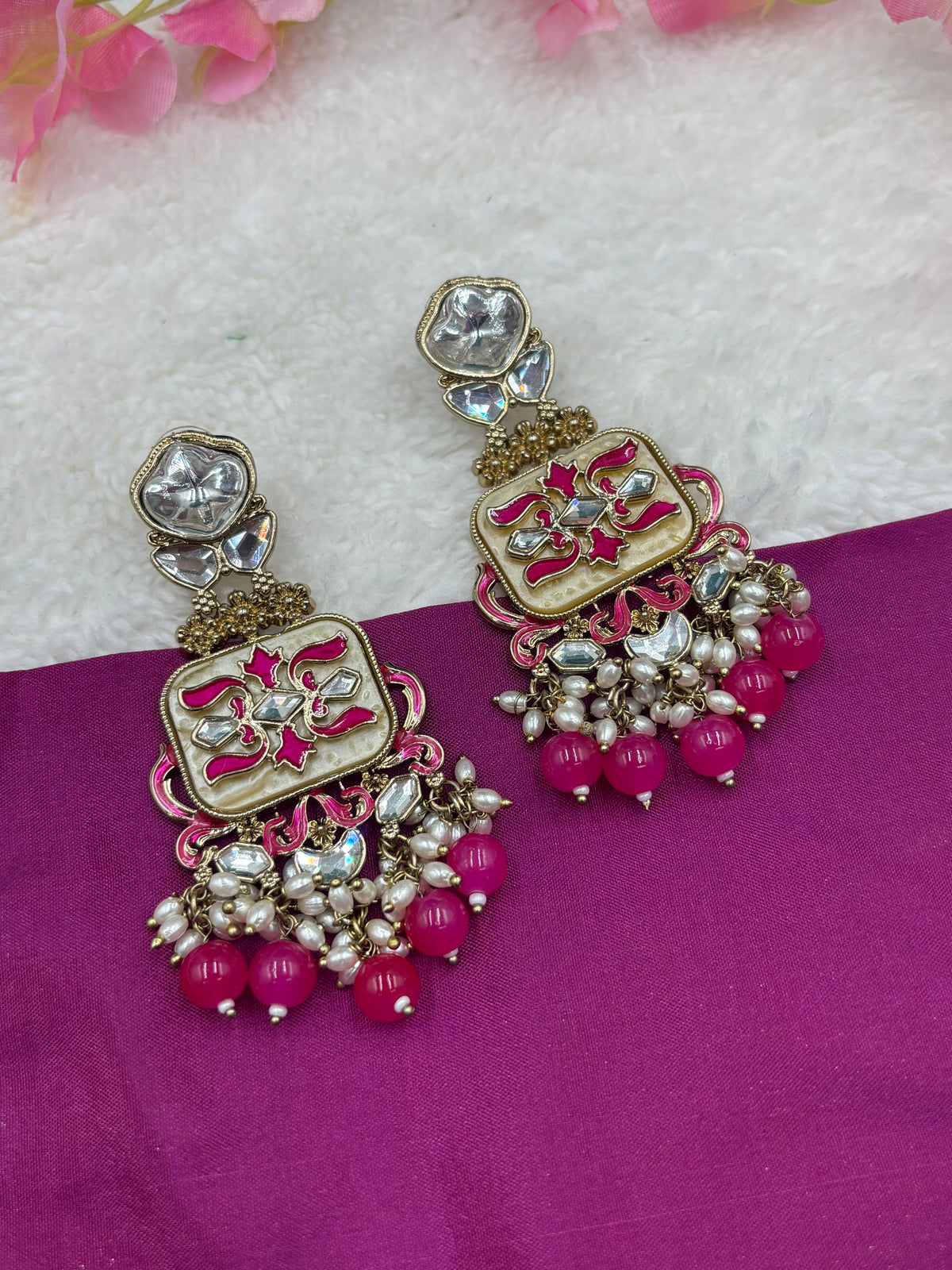 Elegant Kundan Earrings with Pink Meenakari and Pearl Accents