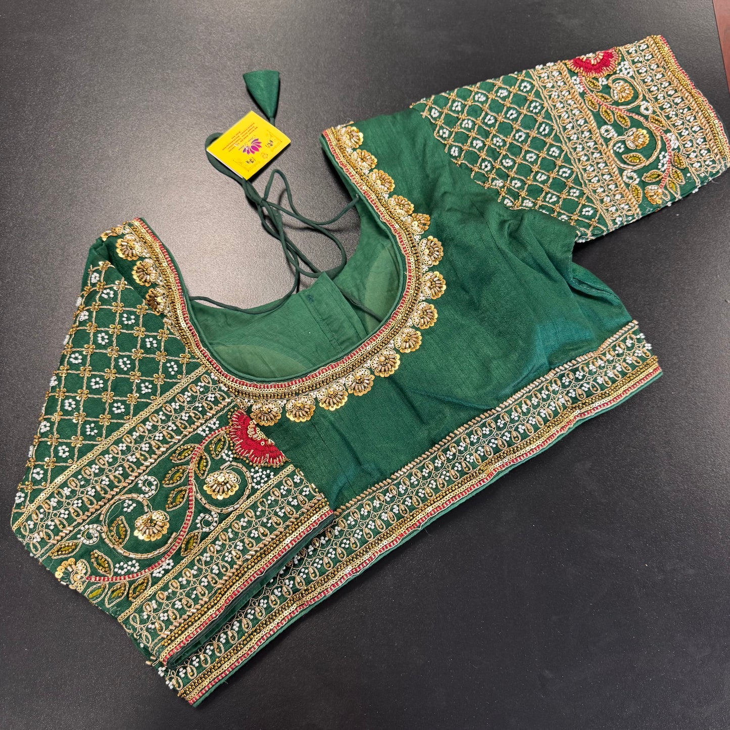 Emerald green heavy embroidered designer readymade saree blouse - Shrees Fashion Australia (view 2)