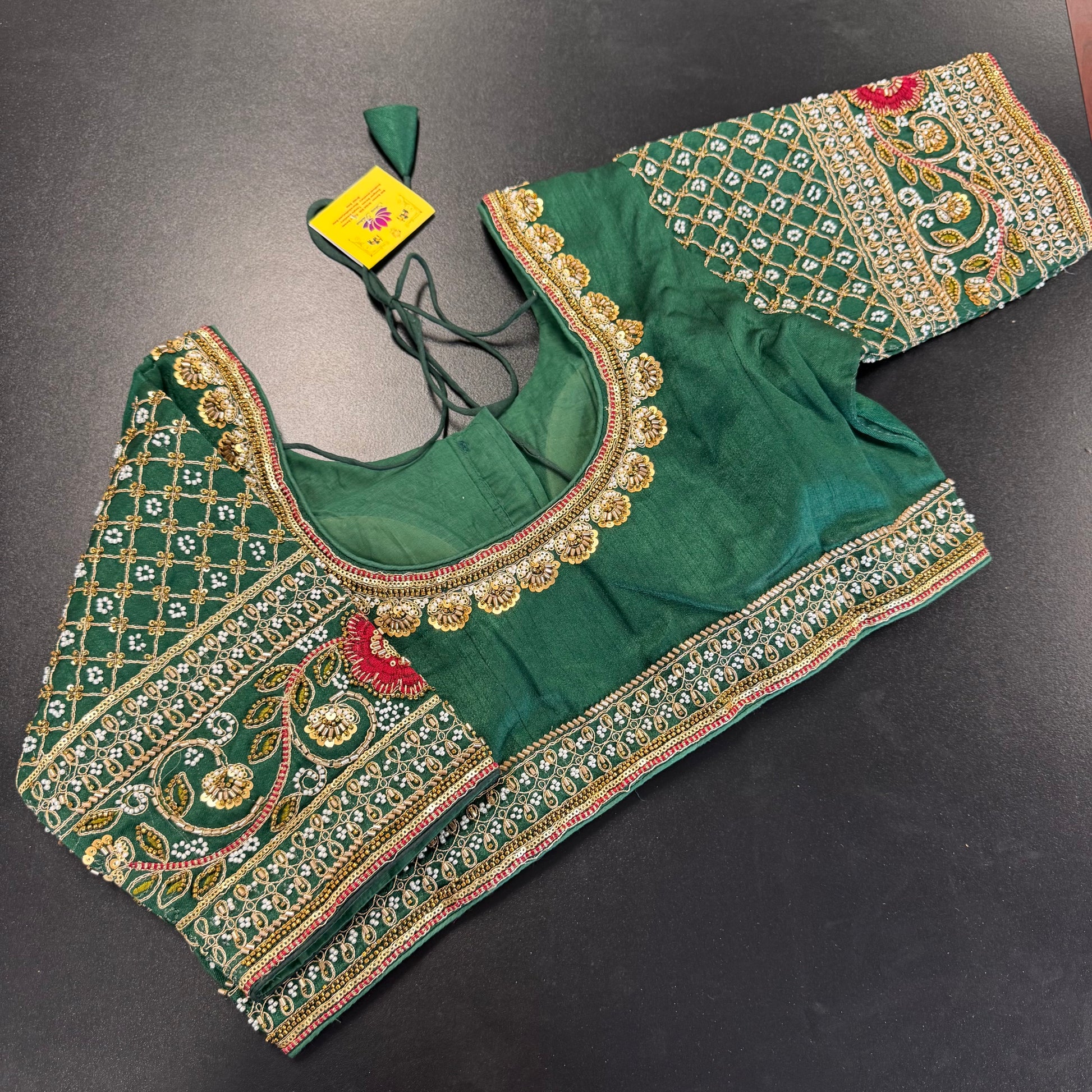 Emerald green heavy embroidered designer readymade saree blouse - Shrees Fashion Australia (view 2)