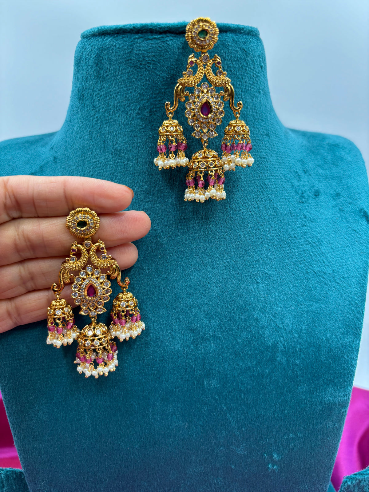 Antique Jhumka Earrings with Light Pink Stones & Pearls – Peacock Design