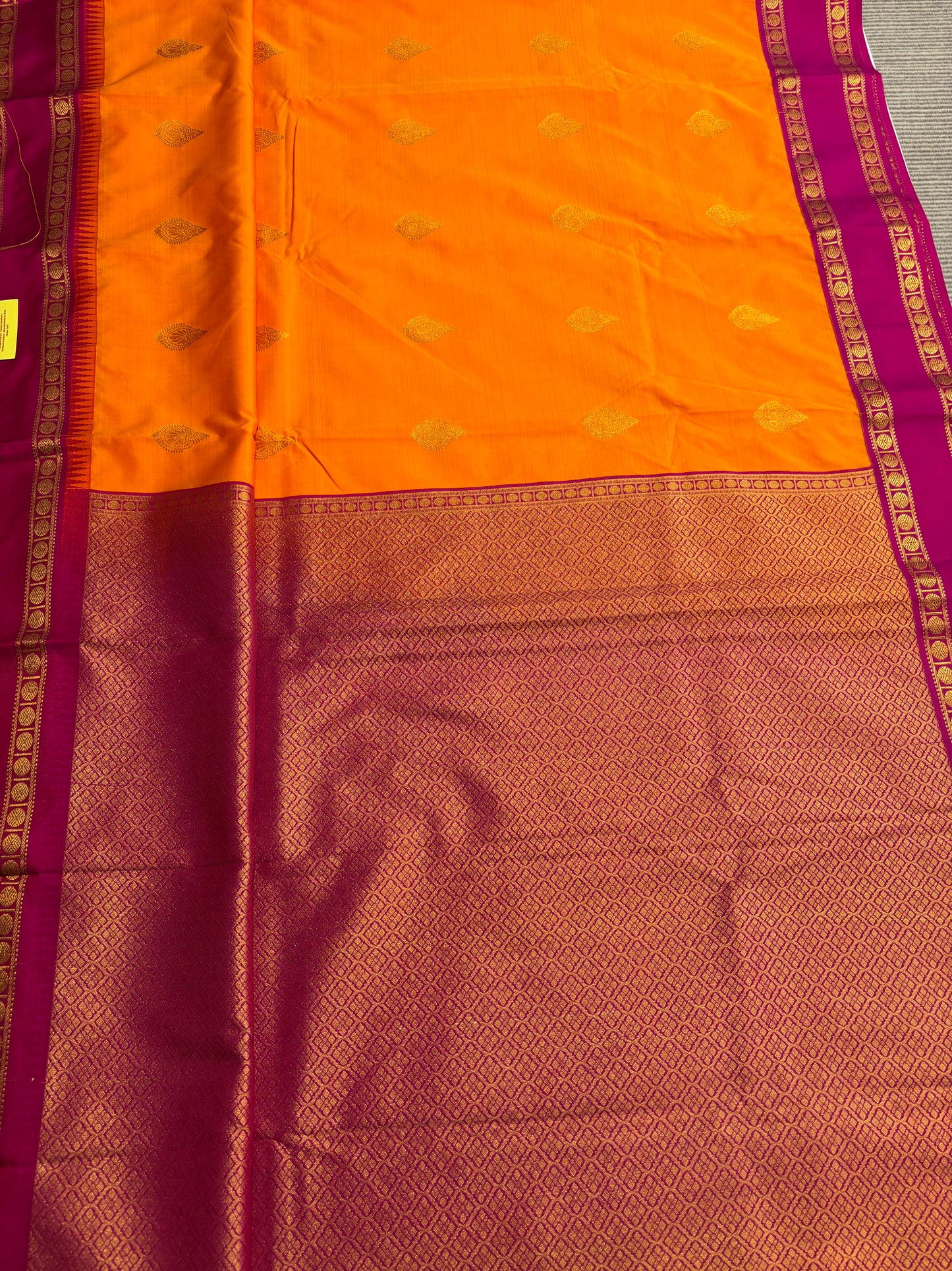Kanchipuram Semi Silk Saree – Mango Yellow Body with Magenta Border and Pallu