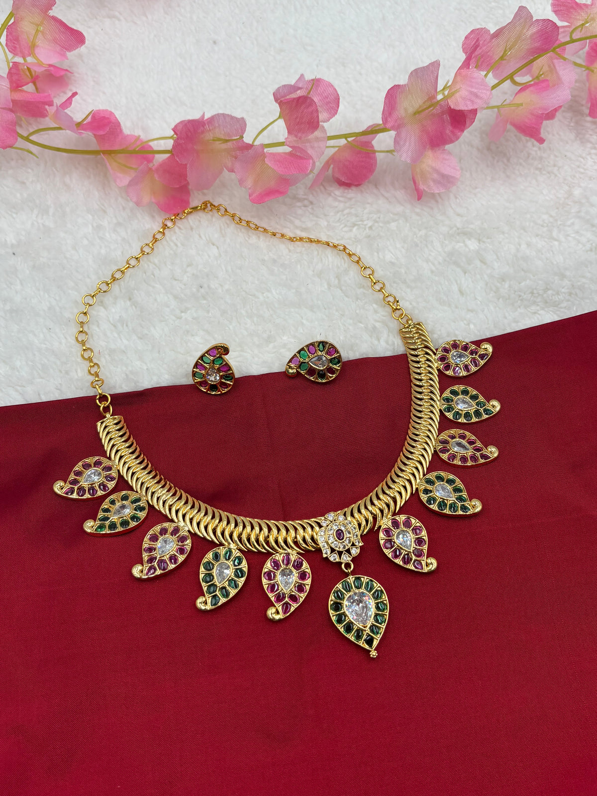 Gold Mango Design Necklace Set with Green & Pink Kemp Stones – Traditional Temple Style