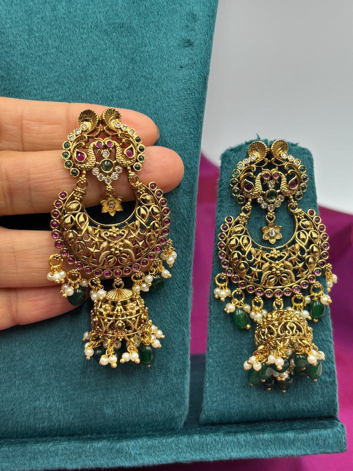 Antique Gold Peacock‑Style Chandbali Jhumka Earrings with Pink Stones & Green Beads