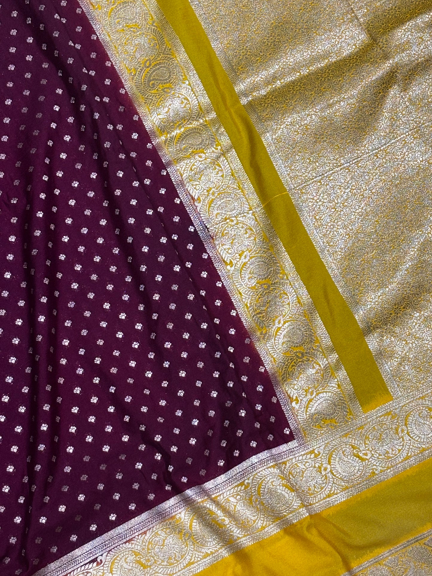Exquisitely Crafted Wine Banarasi Soft Silk Saree with Vibrant Yellow Border, Pallu & Contrast Blouse Piece | Shrees Fashion