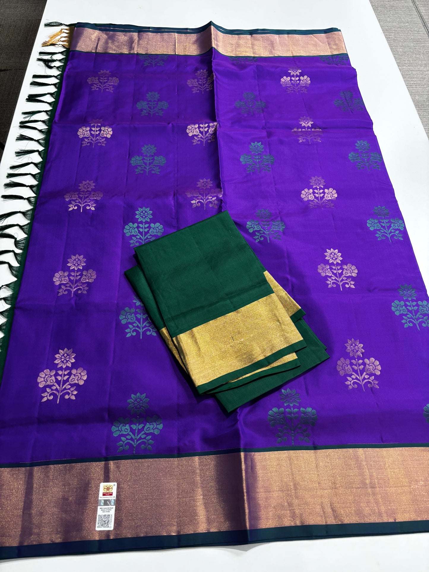 Traditional Pure Kanchipuram Silk Saree – Purple with Green Contrast